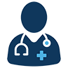 The image is a digital icon representing a healthcare professional, specifically a nurse or doctor, with a stylized silhouette of a human head wearing a blue medical cross.